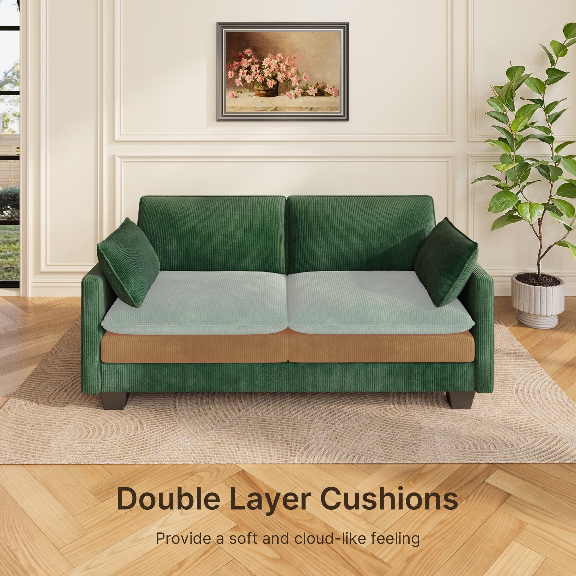 Loveseat Sofa Bed, 74'' 2-seat sofa with 2 Pillows and Double Layer Cushions for Living Room & Small Spaces, Green