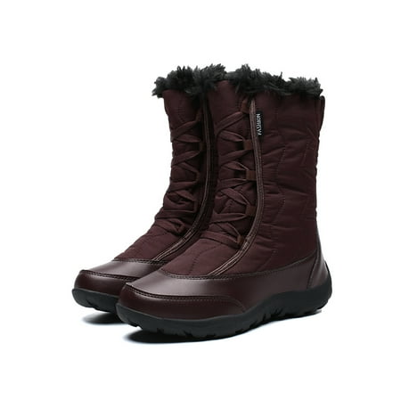 

SIMANLAN Women Winter Boot Mid Calf Warm Booties Plush Lined Snow Boots Womens Round Toe Hiking Bootie Ladies Faux Fur Outdoor Shoes Brown 5