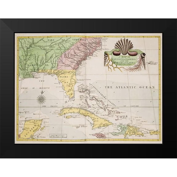 Catesby, Mark 14x12 Black Modern Framed Museum Art Print Titled - A map of Carolina-Florida and the Bahama Islands 1754