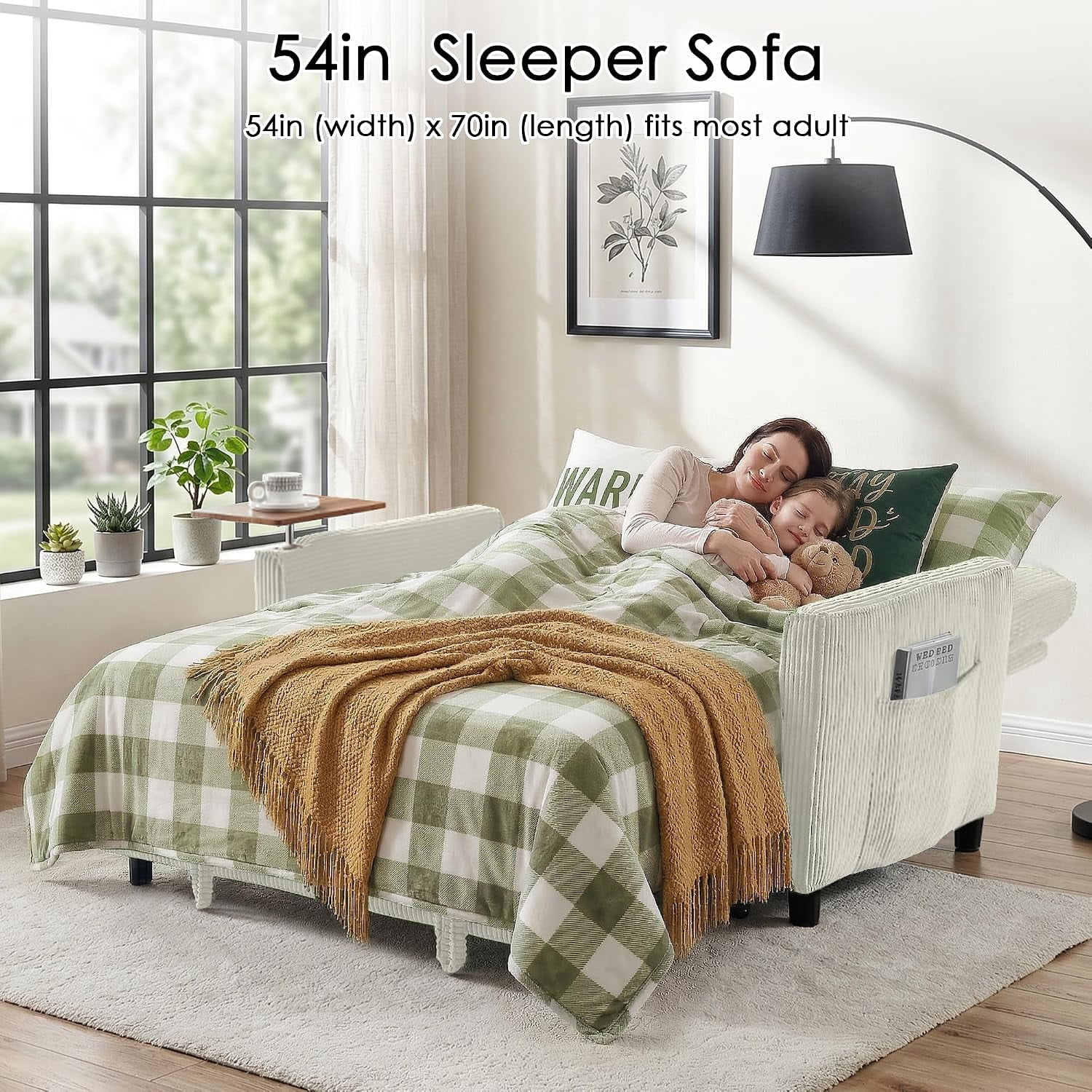 55" Sleeper Sofa Bed, Convertible Pull Out Couch with Side Stand, USB Ports, Side Pockets, Corduroy Fabric, Adjustable Backrest, Beige