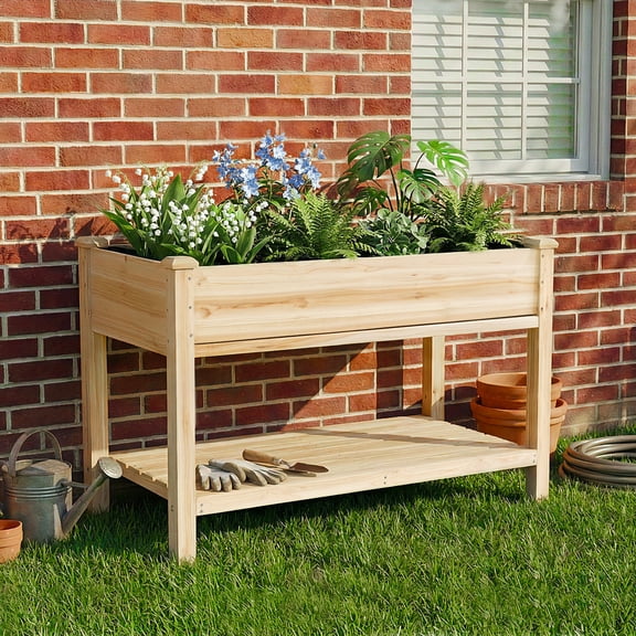 Noble House 48" Outdoor Raised Garden Bed, Elevated Wood Planter with Water Collection Tray and Storage Shelf, Natural