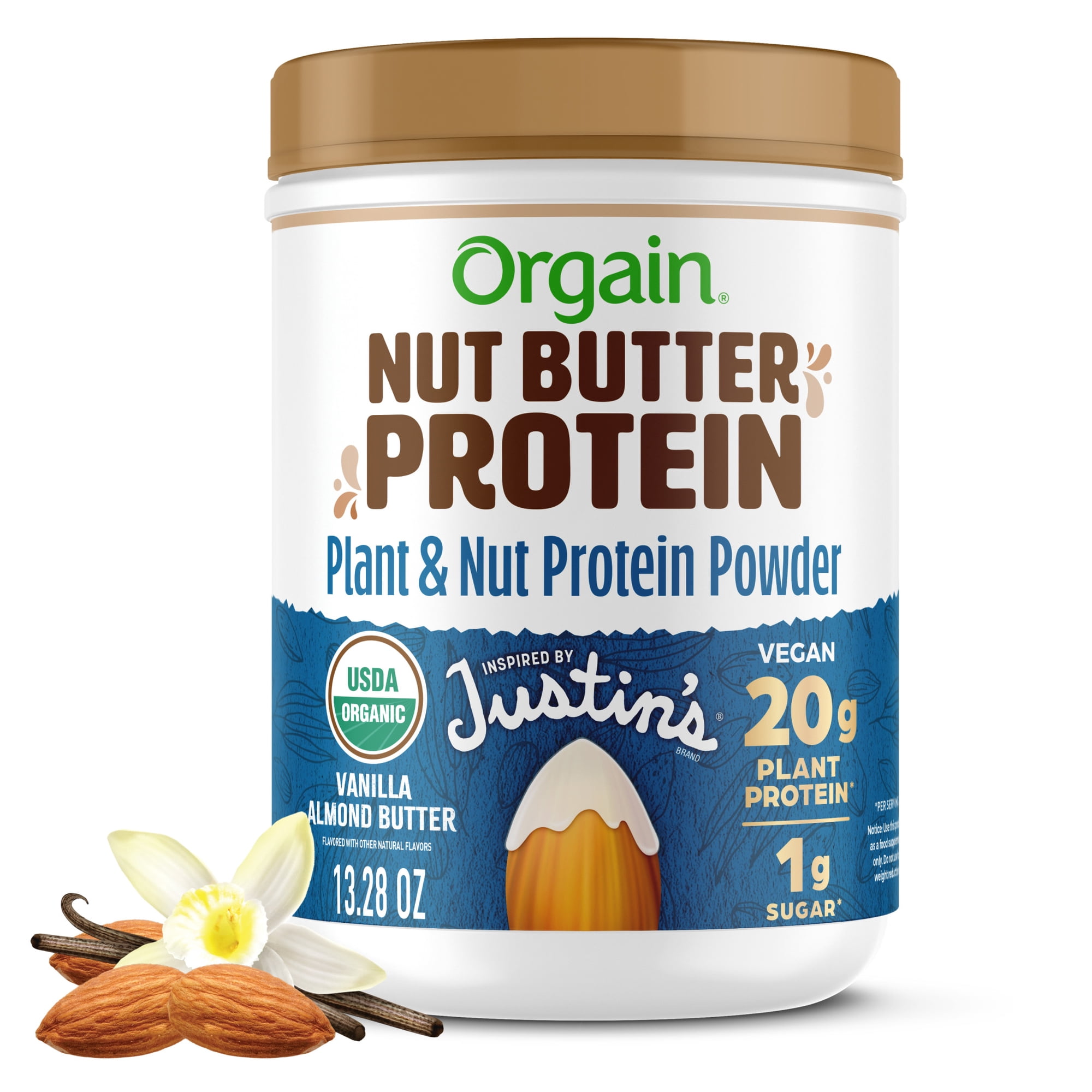 Orgain X JUSTIN’S® Organic Plant & Nut Butter 20g Vegan Protein Powder, Vanilla Almond Butter 13.28oz