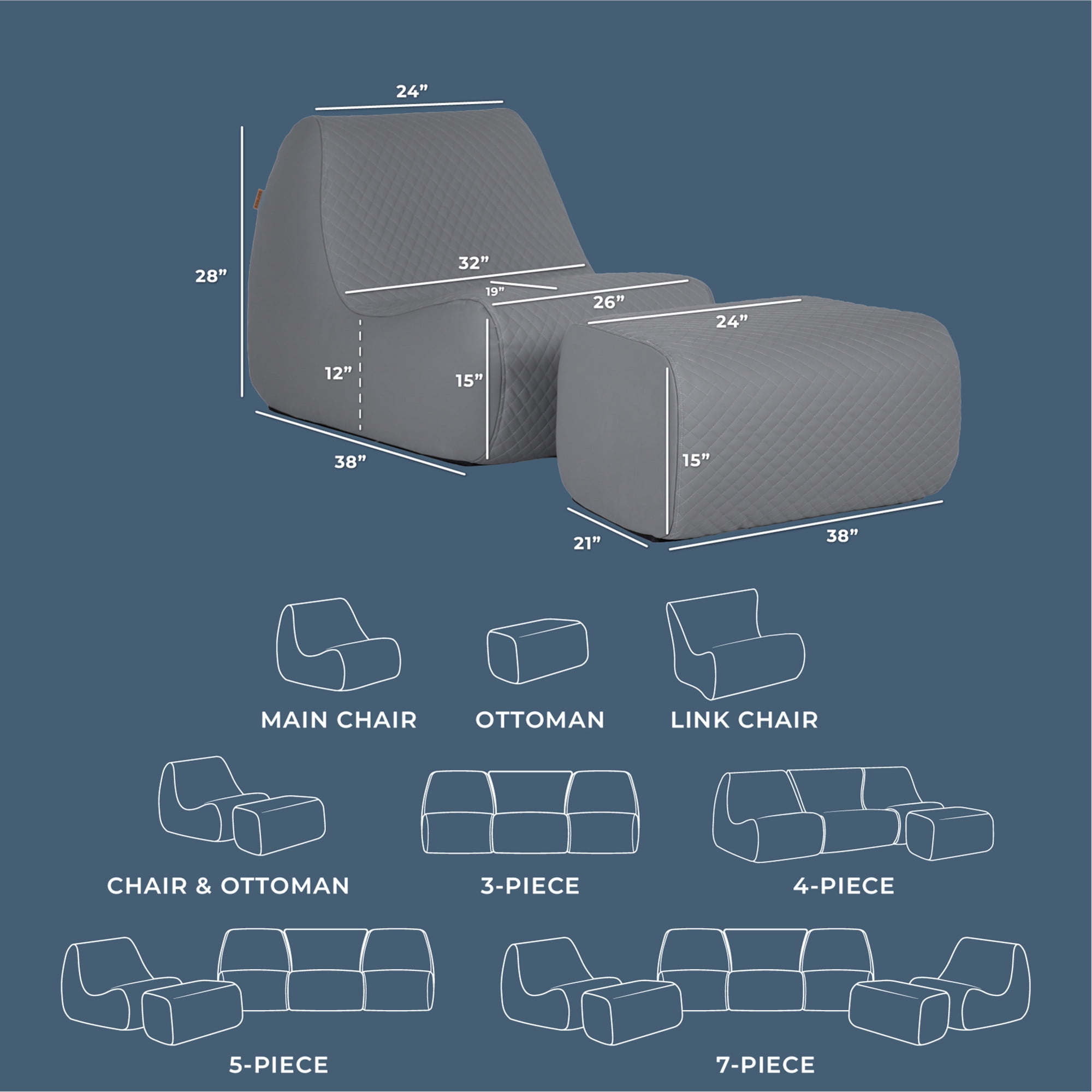 Big Joe Solvana Outdoor Lounge Chair and Ottoman, 2 Piece Patio Furniture Set, Weather-Resistant Cool Touch Silicone Stitched Leather, Moonlit Gray