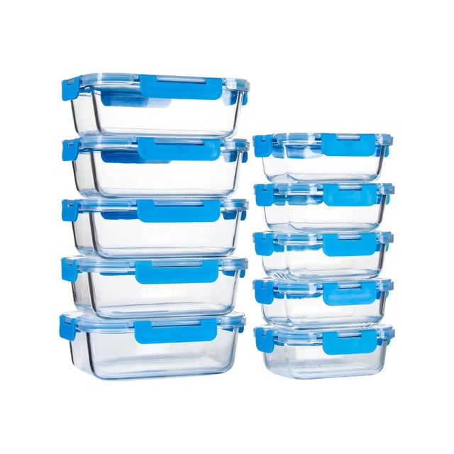 TechGen Borosilicate Glass Food Storage Container Set with Snap Locking Lids, Airtight Meal Prep Containers, Microwave Oven Freezer Safe, 10 pack