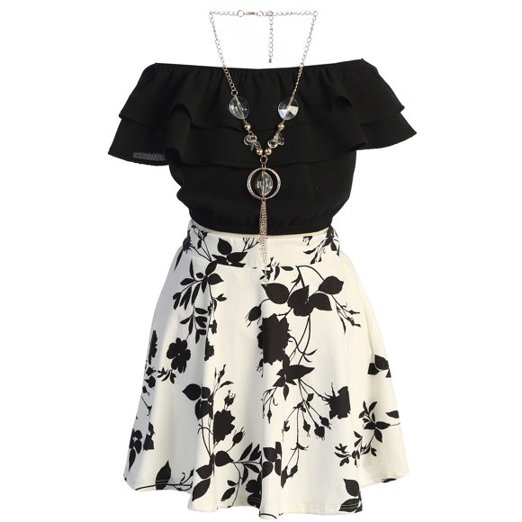 Crop Top à Épaules Dénudées Jupe à Volants Superposée Ensembles pour Grande Fille Noir 14 JKS 2130S