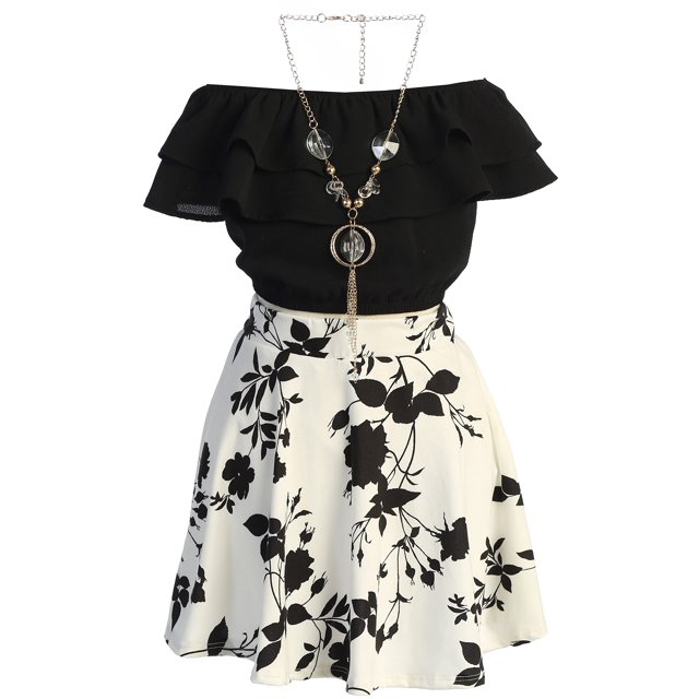 Cold Shoulder Crop Top Ruffle Layered Top Flower Skirt Sets for Big Girl Black 12 JKS 2130S