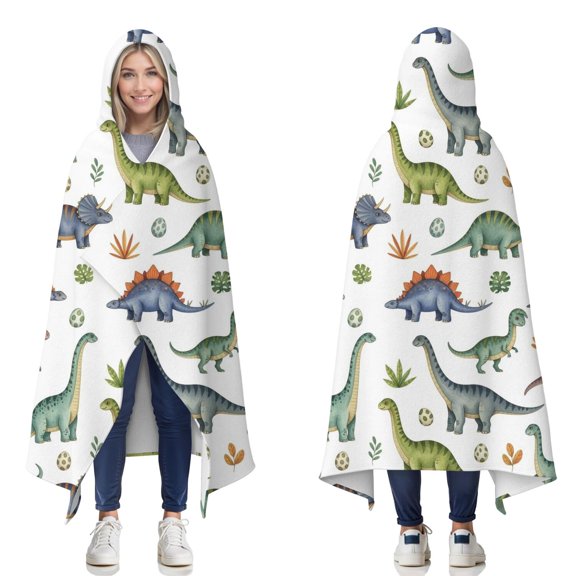 Wearable Blanket,Watercolor Dinosaurs Eggs Plants Pattern Hooded Wearable Flannel Blanket for Adults & Teens,Winter Poncho Shawl Wrap Cape Cozy Anti-Pill,50"x60"