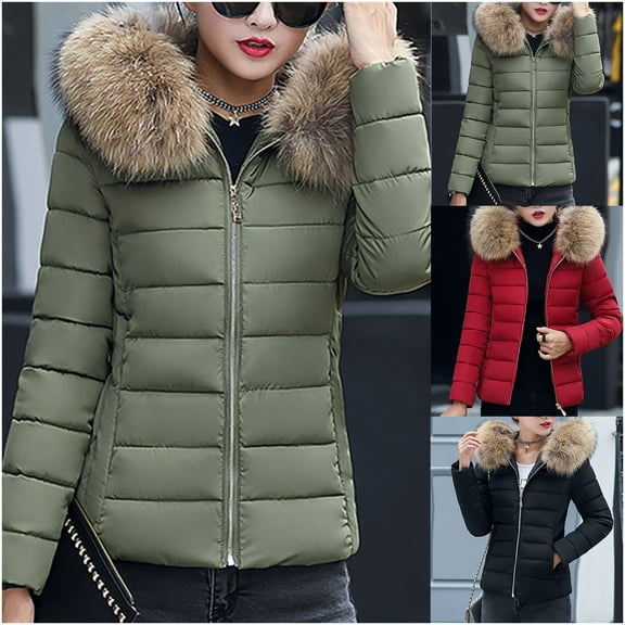 Juebong Women Down Puffer Coat Winter Warm Faux Fur Trim Quilted Jacket Zip Up Long Sleeve Thicken Parka Overcoat Outerwear Green,XXL
