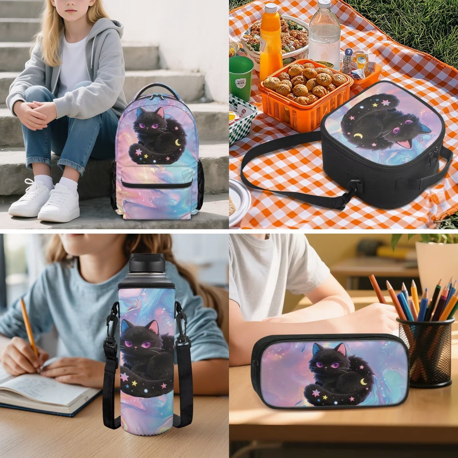 Pzuqiu Black Cat Back Pack for School Girls Backpacks for Teens Girls Backpack with Lunch Bag Pencil Case Water Bottle Holder Bag Large Shoulder Strap Rucksack