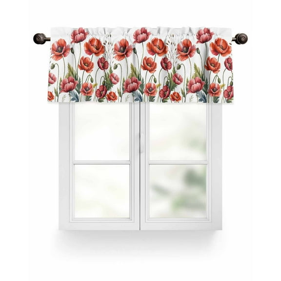 Watercolor Plant Valances for Windows Red Poppy Floral Decoration Valance Rod Pocket Light Filtering Short Window Treatments Curtains for Kitchen Bathroom Living Room Bedroom, 1 Panel, 42 x 18 Inch