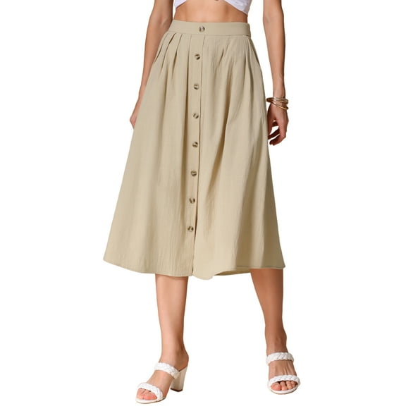 DARING DIVA Women's Button Decor Elastic Waist A-Line Skirts with Pockets XS Khaki