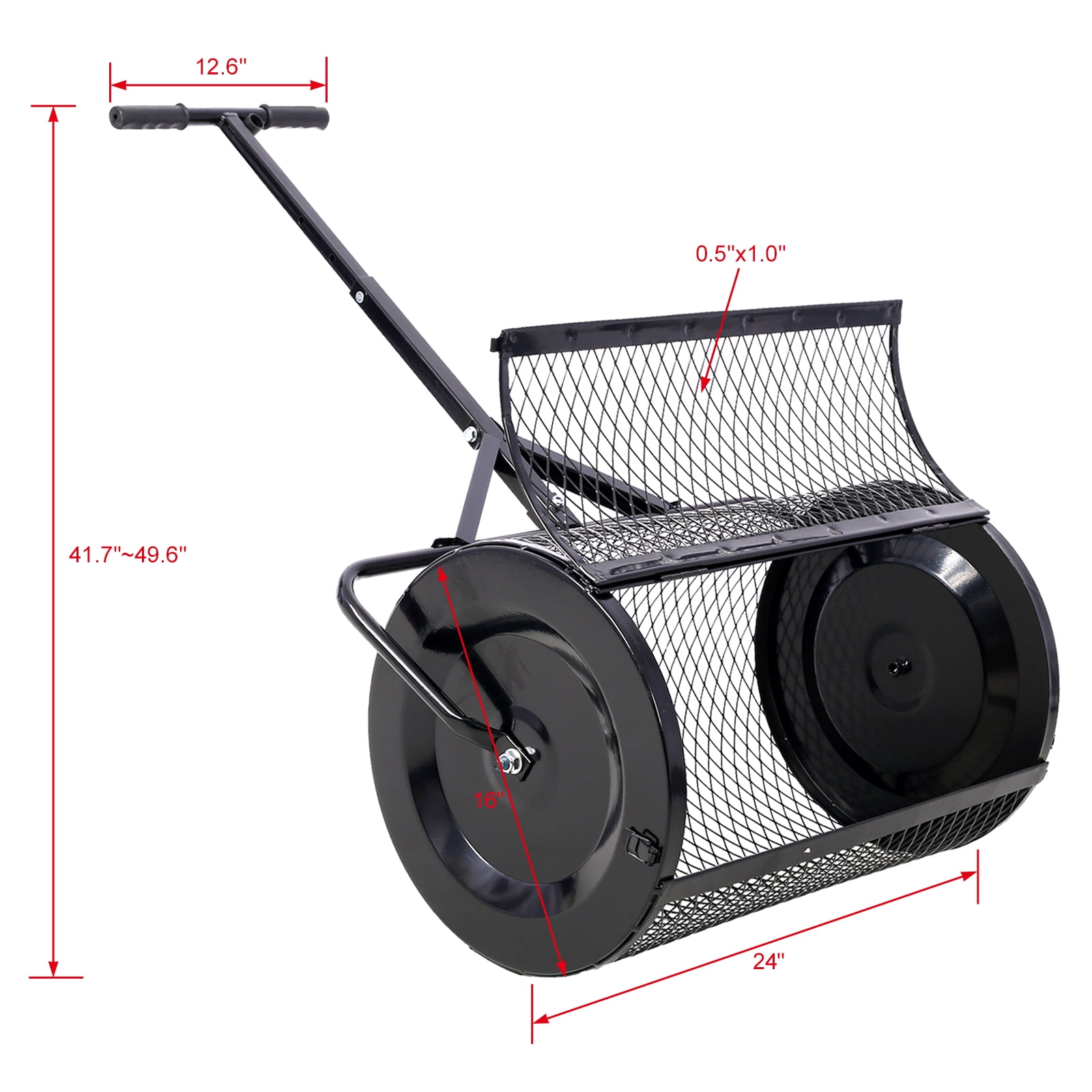 Peat Moss Spreader 24inch,Compost Spreader Metal Mesh,T shaped Handle for planting seeding,Lawn and Garden Care Manure Spreaders Roller,heavy duty