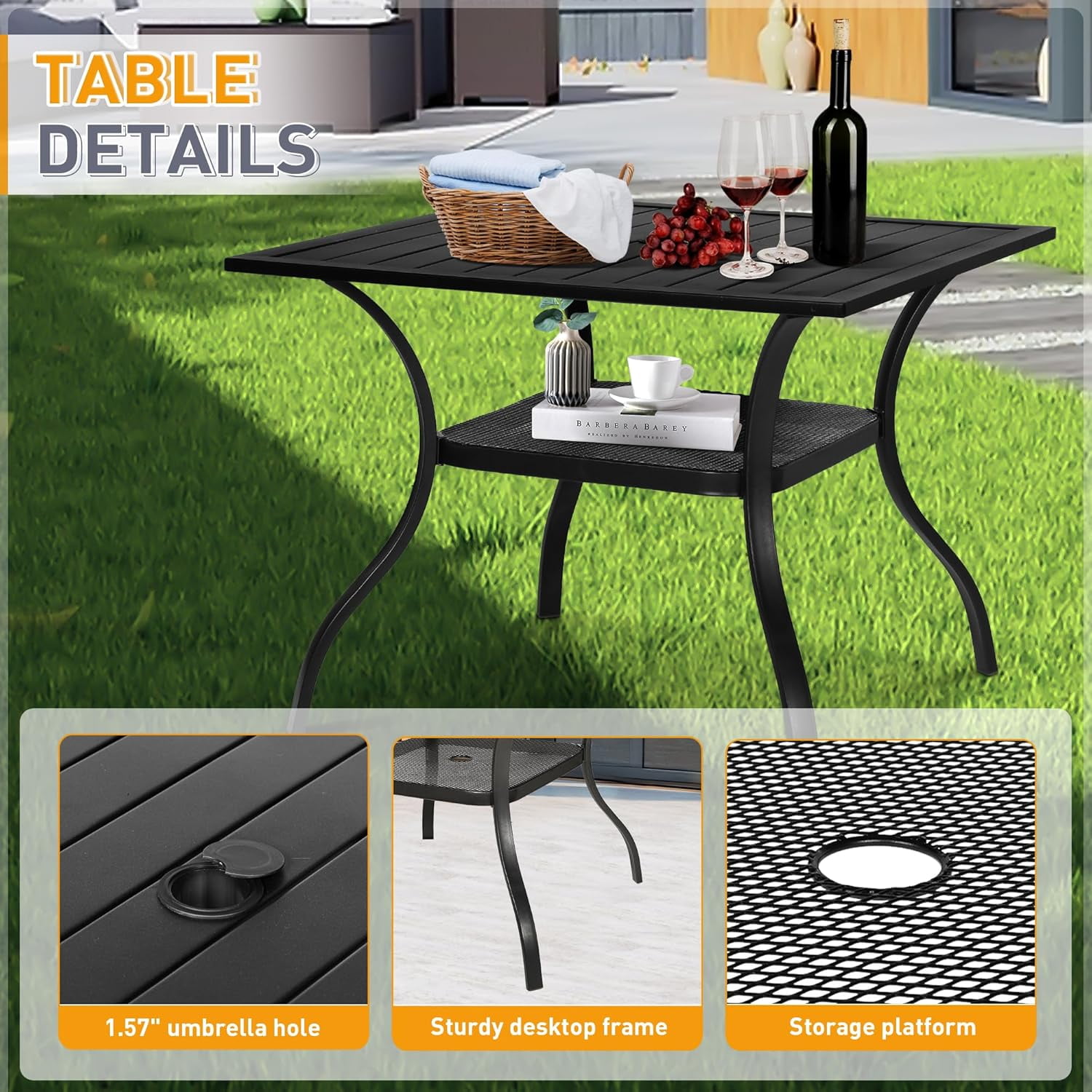 Suncrown 5-Piece Metal Outdoor Patio Dining Set with Square Table, Black