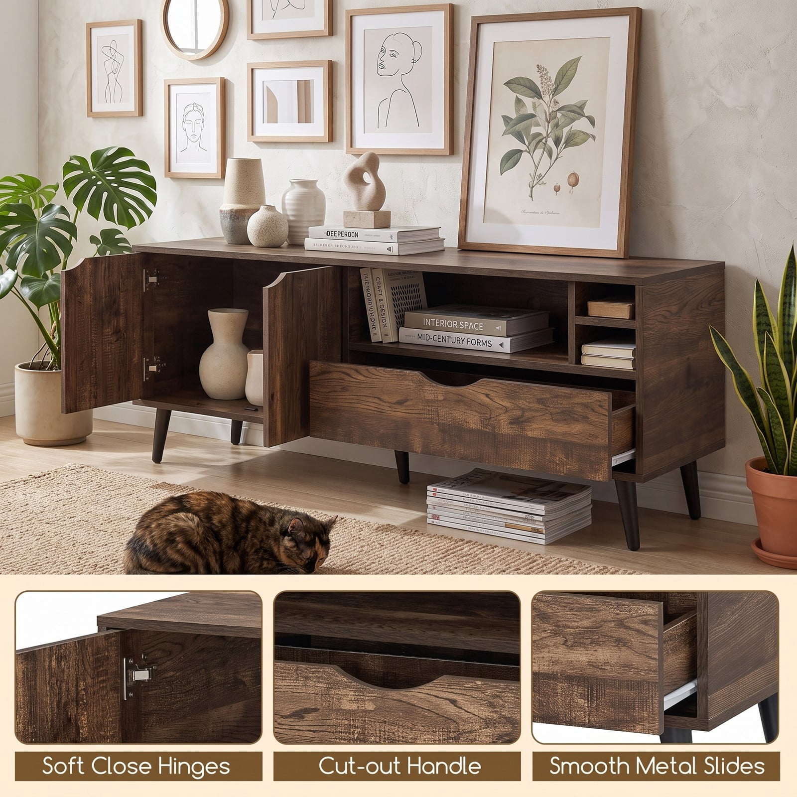 Furnibear Rustic TV Stand for TVs up to 65 Inches, Farmhouse Entertainment Center with 2-Door Cabinet, Storage Drawer and Open Shelves, Wood Media Console for, Brown
