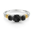 thumbnail image 2 of Gem Stone King 925 Silver and 10K Yellow Gold Black Onyx and Diamond 3-Stone Ring for Women (1.51 Cttw, Gemstone December Birthstone, Cushion Checkerboard 6MM and 4MM, Size 8), 2 of 3