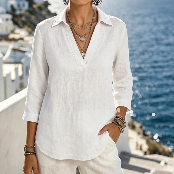 Bxsruta Womens Tops V Neck 3/4 Sleeve Collared Shirts Loose Fit Casual Vacation Blouses