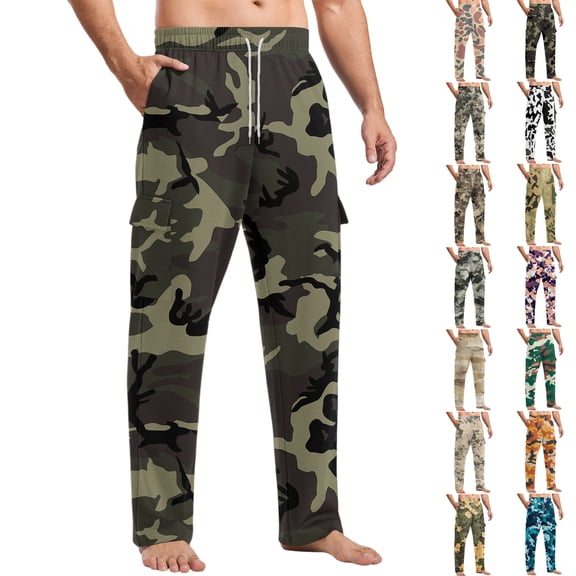 Men's Loose Casual Camouflage Print Multi-pocket Work Pants, Youth Stretch Waist Drawstring Trousers for Outdoor and Street Style,Army Green,L