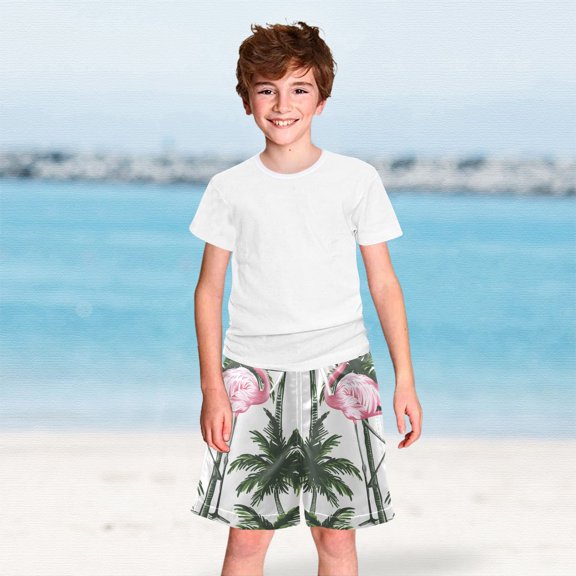 Flamingo with Palm Trees Boys Swim Trunks Boardshorts Swimsuit Quick Dry Board Shorts Bathing Suit 2-12T