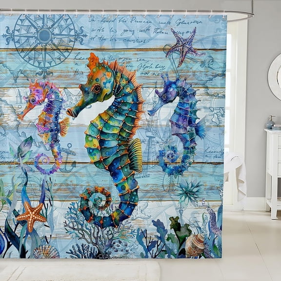 Coastal Seahorse Shower Curtain Blue Nautical Ocean Theme Fabric Bath Curtain with Hooks for Bathroom 71x71 inches