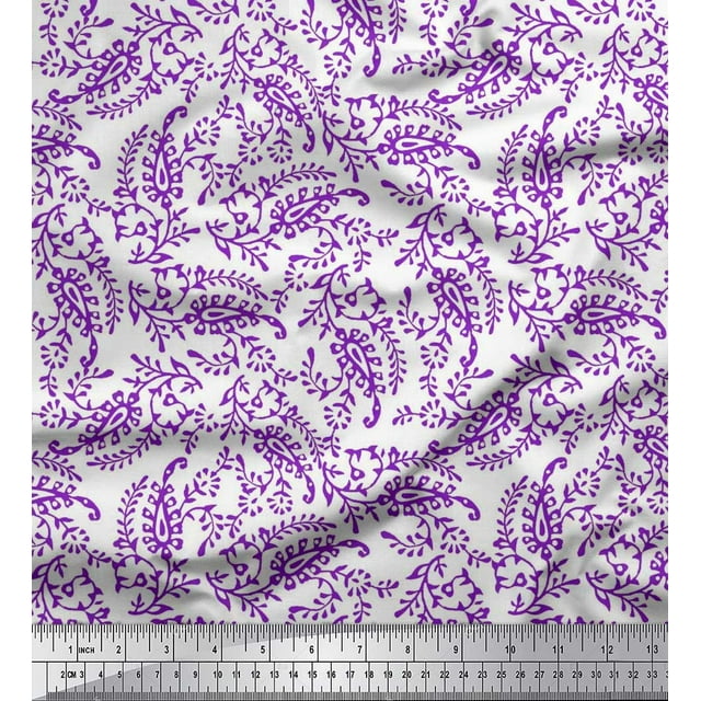 Soimoi Polyester Crepe Fabric Leaves & Paisley Block Printed Craft Fabric by The Yard 52 Inch Wide