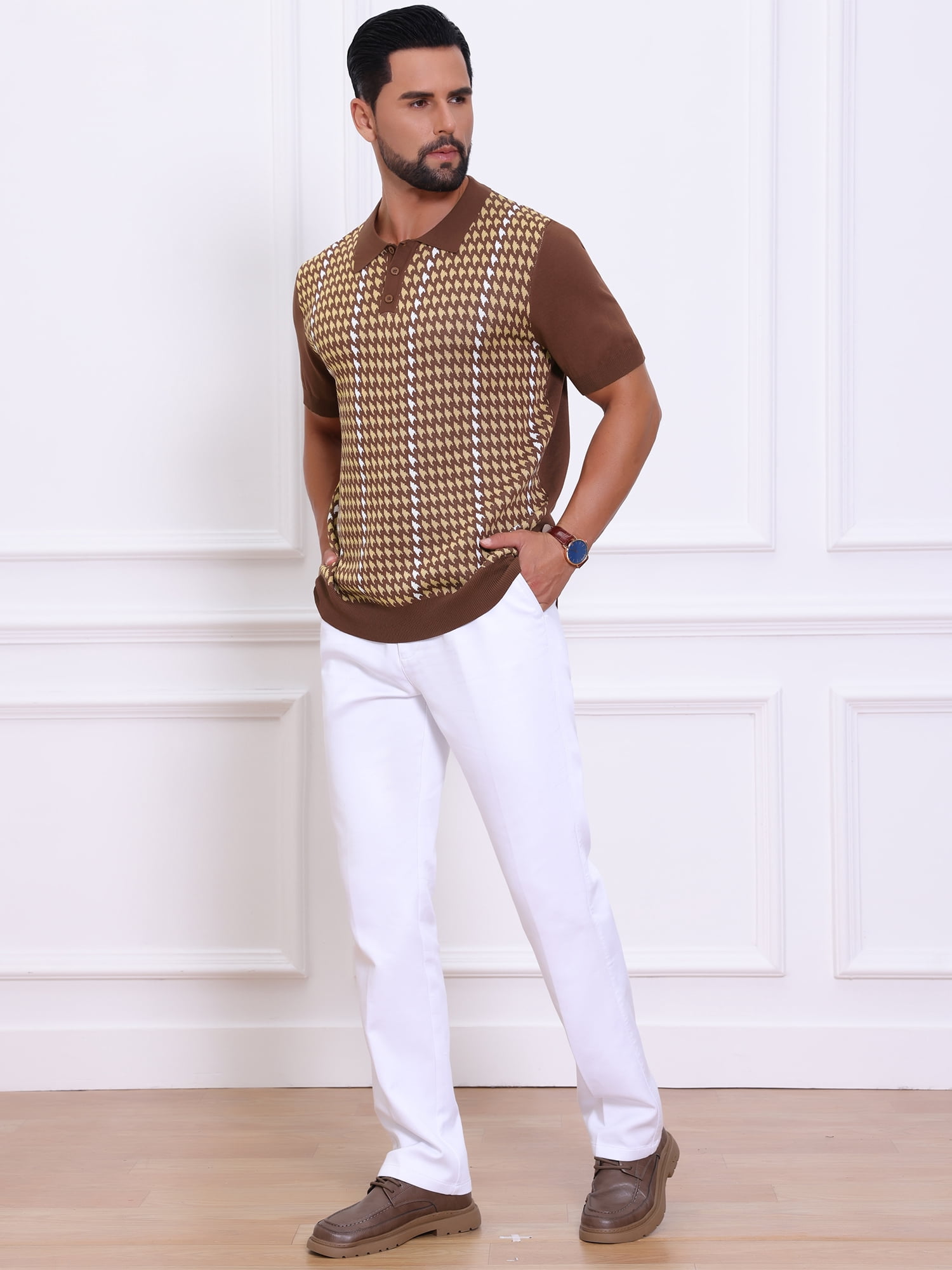 DARING DIVA Men's Houndstooth Summer Short Sleeve Casual Knit Polo Shirt M Brown