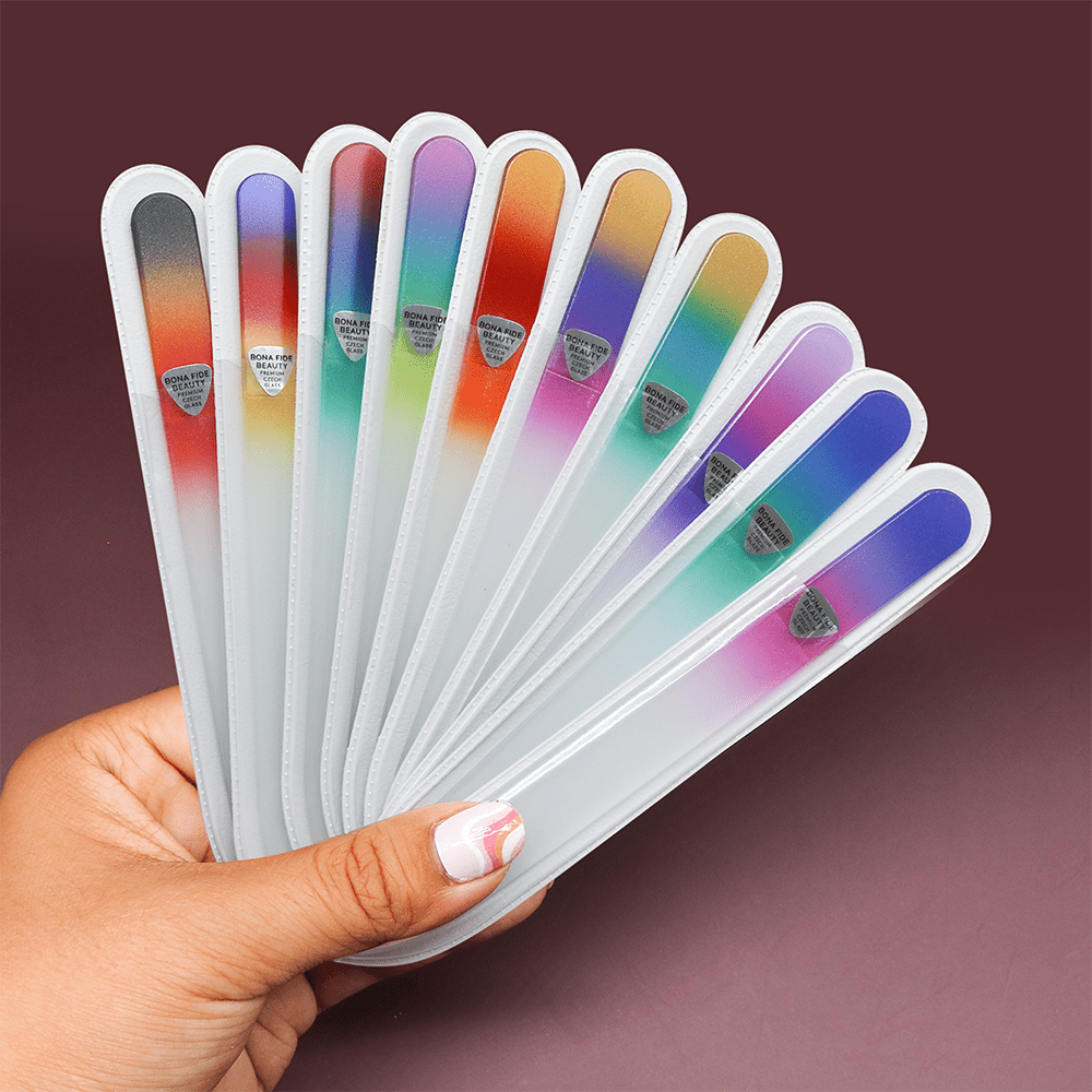 Bona Fide Beauty Czech Glass Nail File Set with Plastic Sleeves  - 10 Pieces (Multicolor)