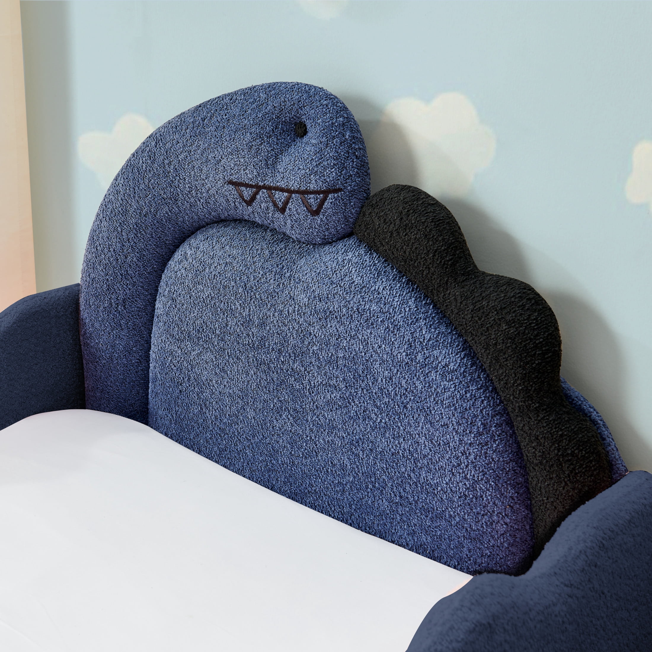 Noble House Almere Twin Size Dinosaur Kids Bed, Cozy Playful Boucle Toddler Bed Frame with Safety Guardrails, Navy Blue