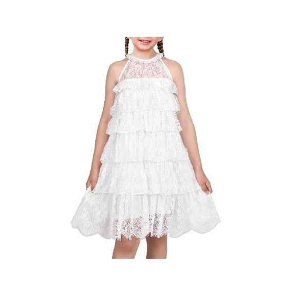 Sunny Fashion Girls Dress White Lace Flowy A-line Tiered Sleeveless Sundress Wedding Party 7 Years