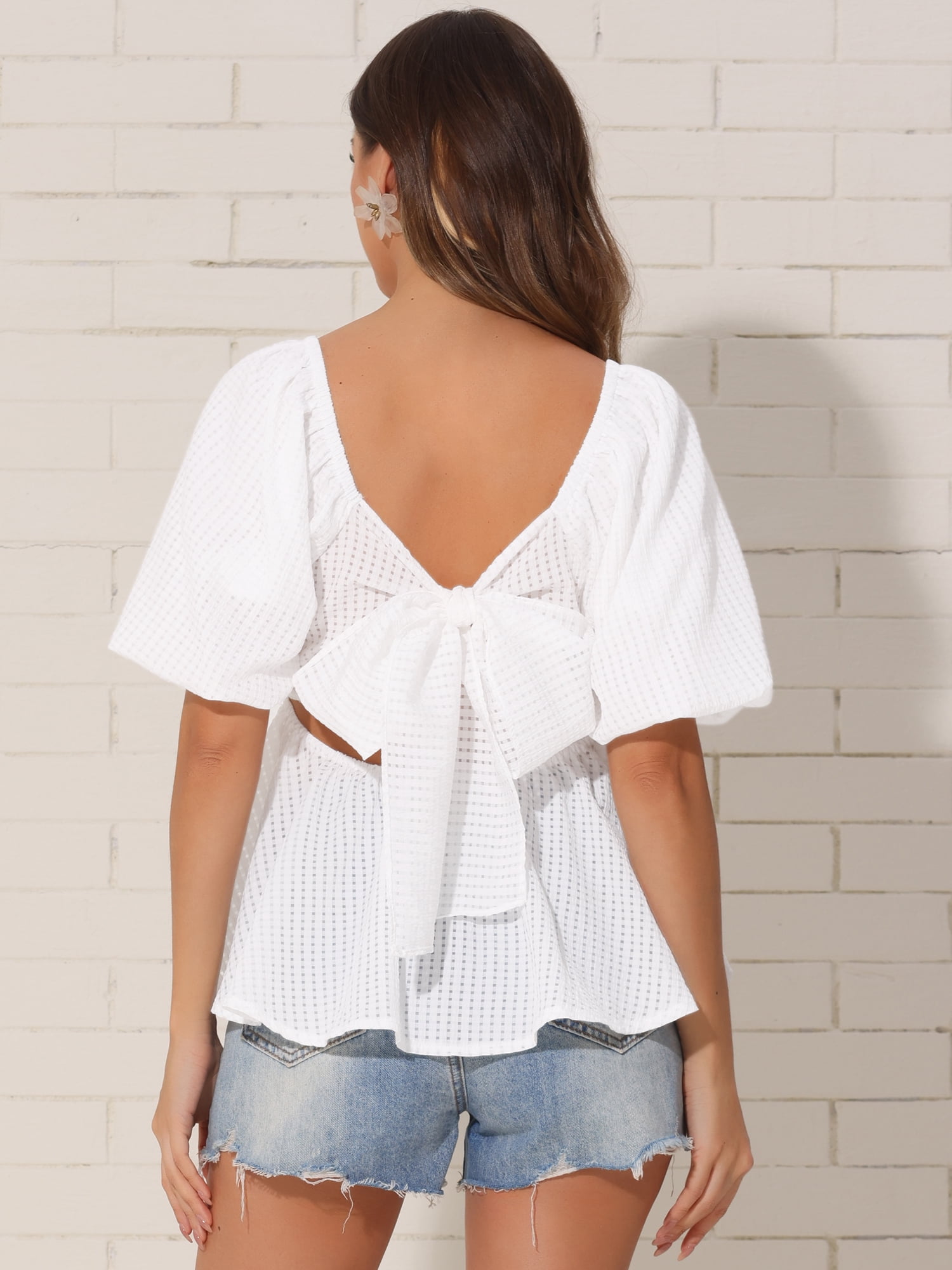 DARING DIVA Women's Peplum Square Neck Puff Short Sleeve Smocked Blouses S White