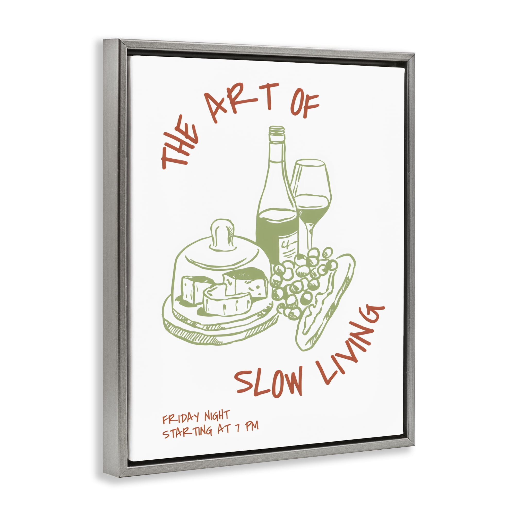 Stupell Industries Slow Living Wine & Cheese Gray Framed Floater Canvas Wall Art, design by The Prints Vibe