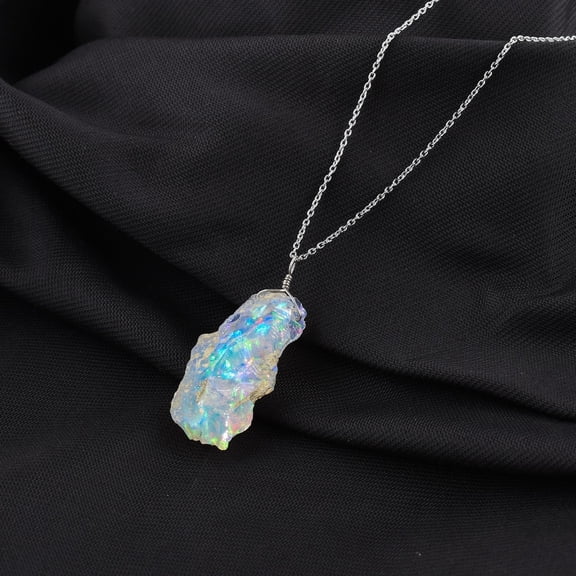 AA  Ultra Blue Fire Raw Ethiopian Opal Rough Handmade Dainty Pendant Necklace For Women, Healing Chakra Crystals, Birthstone Jewelry, Rhodium Plated 925 Sterling Silver Chain 18 inch, Wedding Gift