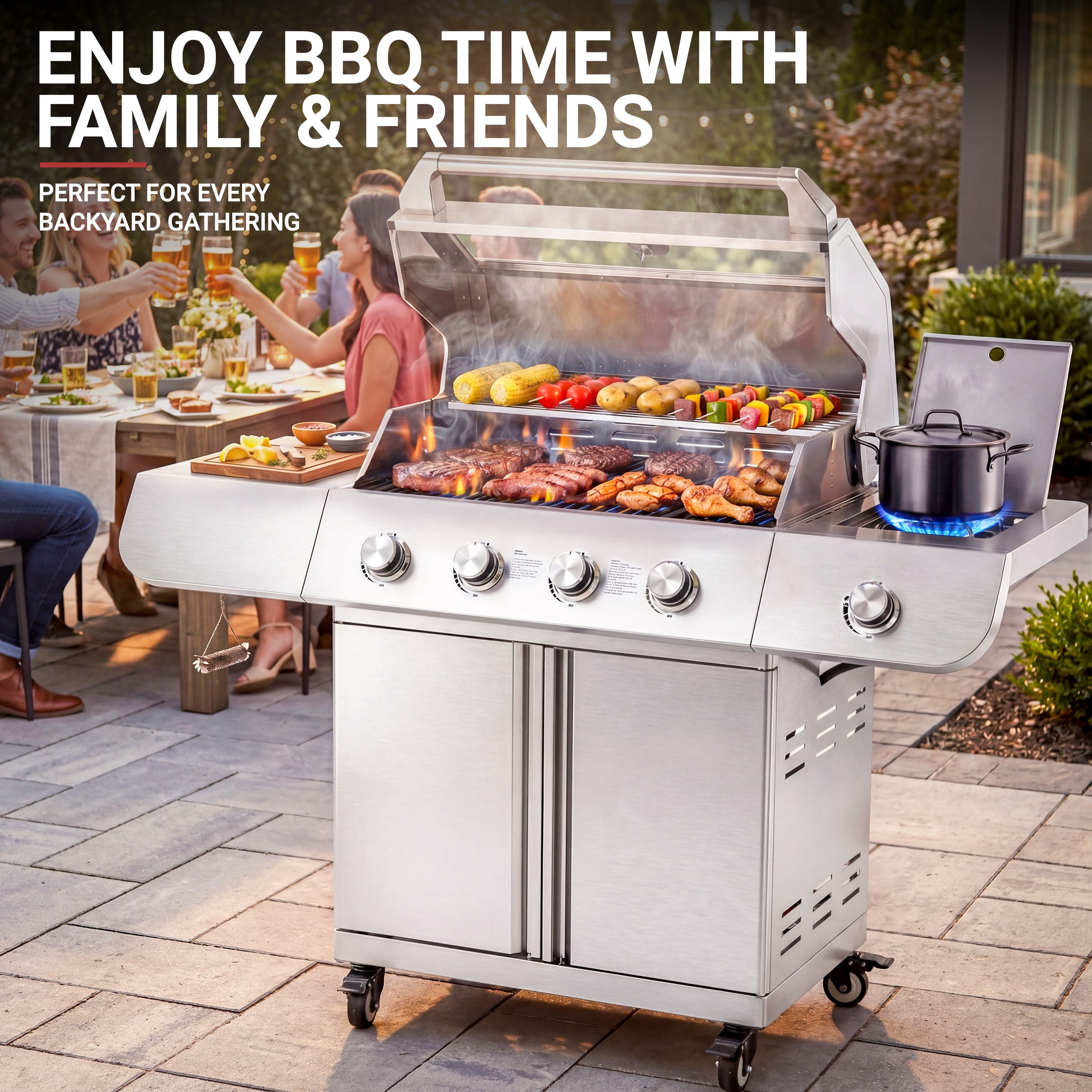 4-Burner Gas Grill and Griddle Combo with Side Burner, 50,000 BTU Propane BBQ Grill with Porcelain-Enameled Cast Iron Grates, Built-in Thermometer, Ideal for Patio Camping Outdoor Cooking