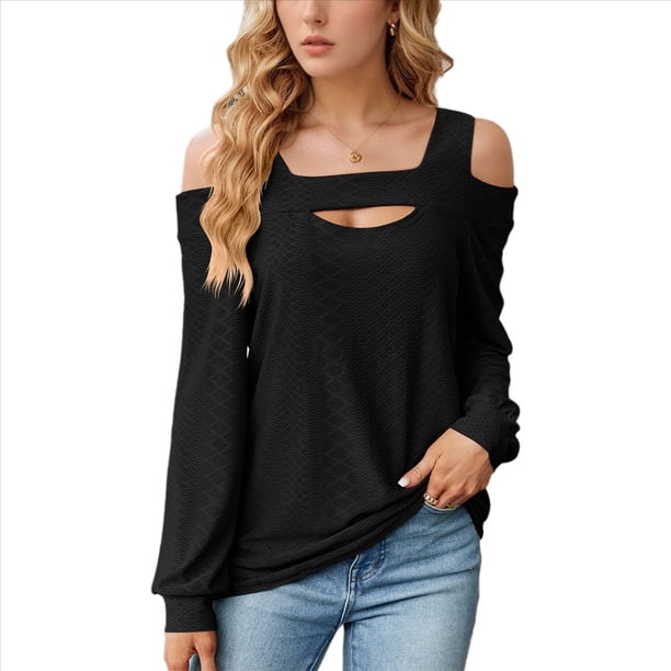 Blusa de Verano con Escote Cuadrado y Hombros Descubiertos para Mujer, Color Negro, Talla XL
