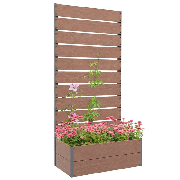 Outsunny Raised Garden Bed with Trellis, Standing Planter Box, Light Brown