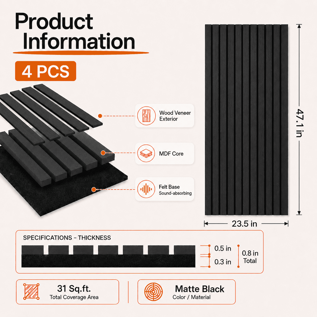 4-Pack Wood Slat Acoustic Wall Panels, 23.5" x 47.1" MDF Slat Wall Paneling for Modern Interior Wall Decor, Sound Absorbing Accent Panels, 31 Sq. Ft,Matte Black