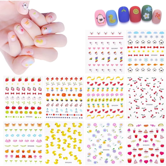 Nail Stickers for Women and Little Girls - 3D Self-Adhesive DIY Nail Art Decoration Set Including Flowers Leaves Animals Plants Fruits Nail Decals for Woman Kids Girls