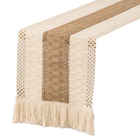 

Cream Beige Bohemian Style Table Towel with Tassel Hand Woven Cotton Linen Splicing Table Farmhouse Table Autumn Table E