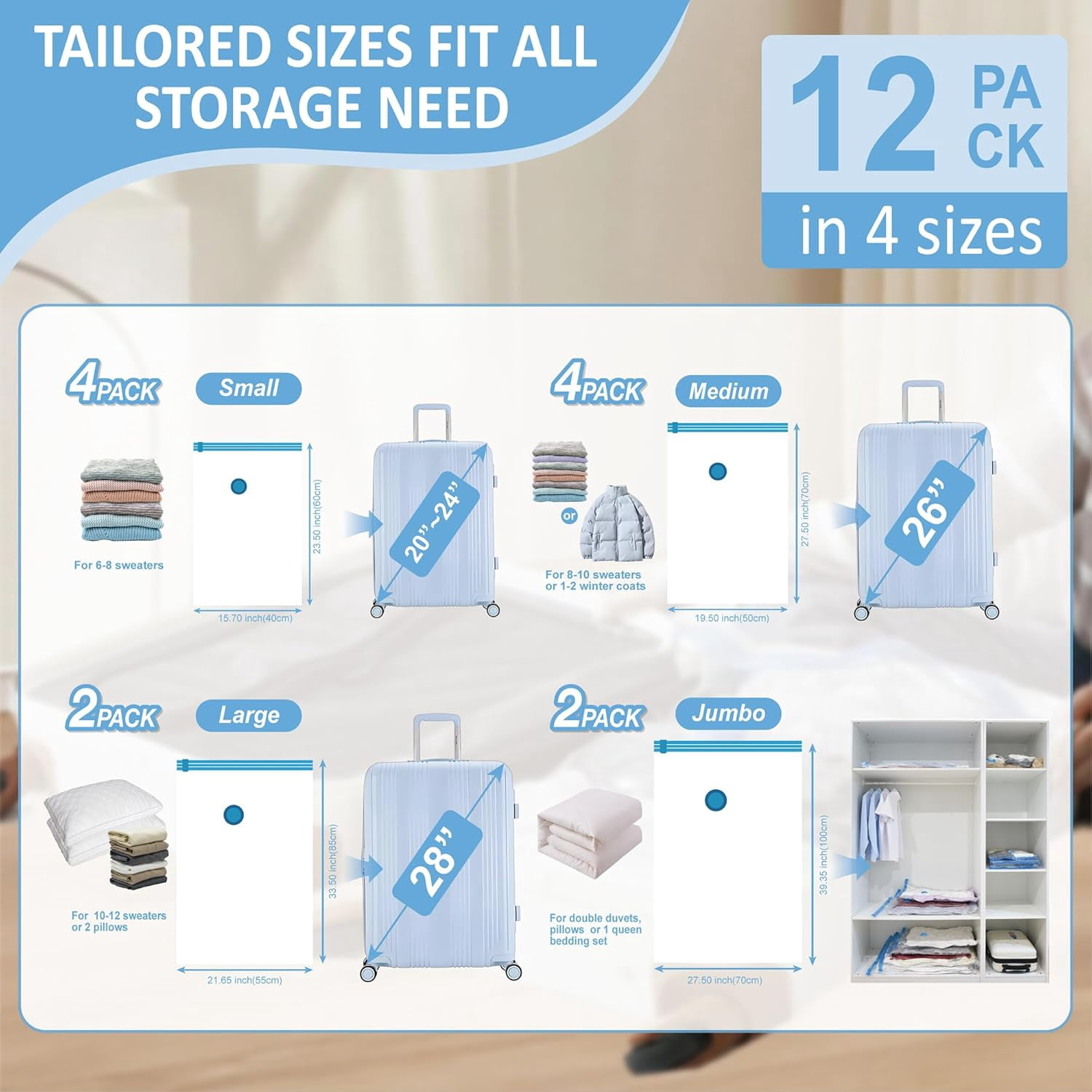 Travel Vacuum Storage Bags with Rechargeable Cordless Electric Pump, Space Saver Bags for Luggage, Suitcase, Carry-On, for Clothes, Blankets, Comforters, Pillows, 12 Combo