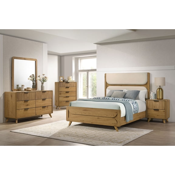 Coaster Bennett Queen Upholstered 5-Piece Mid-Century Bedroom Set, Light Oak