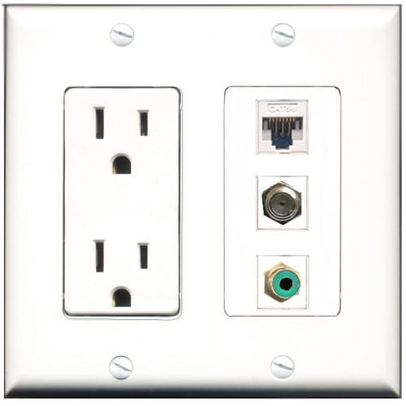RiteAV - 15 Amp Power Outlet 1 Port RCA Green 1 Port Coax 1 Port Cat5e Ethernet White Decorative Wall Plate