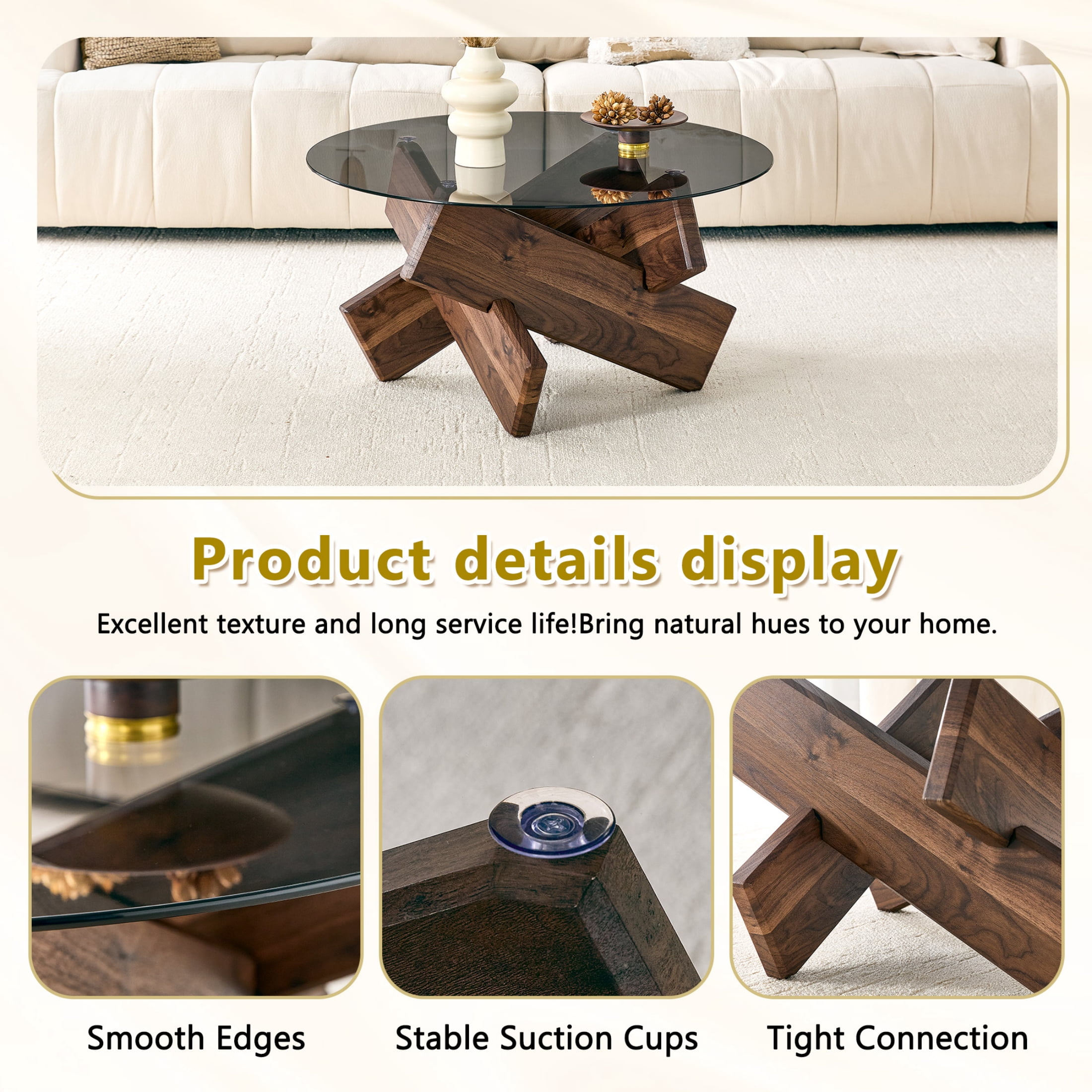Vinform Round Coffee Table for Living Room, Gray Glass, Walnut