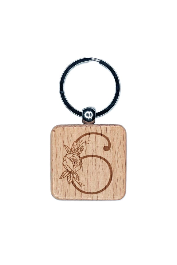 Rose Typewriter Font Number 6 Six Square Keychain Charm Tag - Engraved Wood