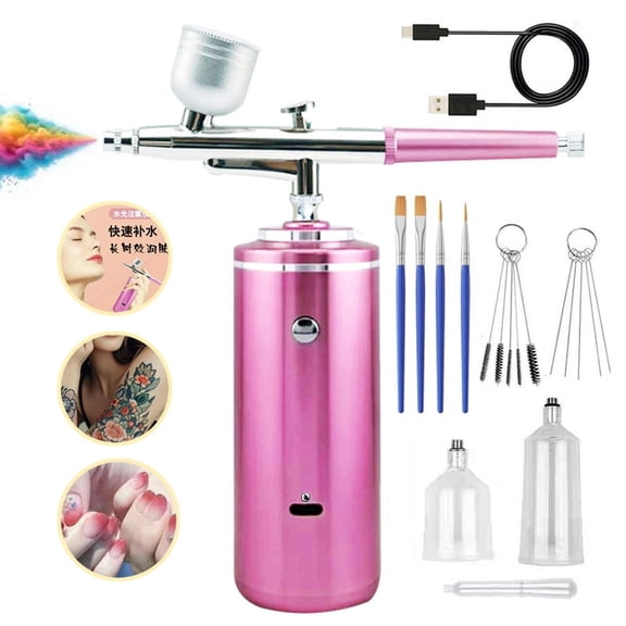 ALILYY airbrush kit, including compressor, automatic handheld airbrush, 0.3mm nozzle, rechargeable, portable airbrush, suitable for various scenarios, pink.