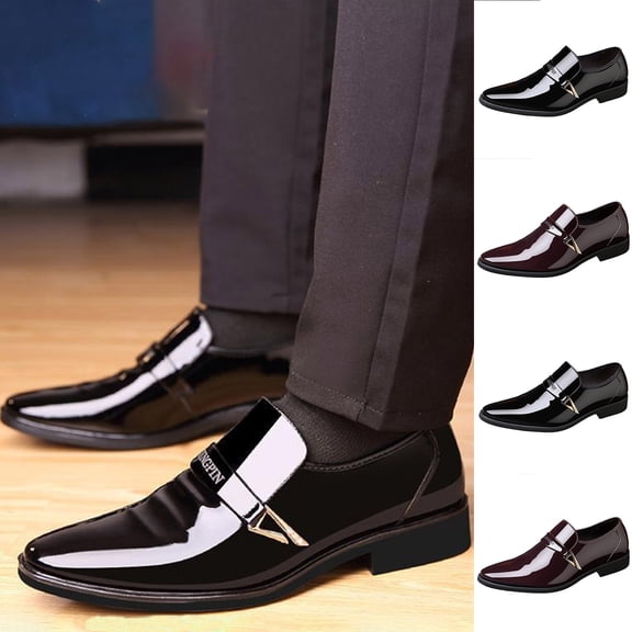 Men's Pointed Toe Dress Shoes Casual Slip on Loafer Formal Classic Faux Patent Leather Oxfords Business Wedding Shoe for Men