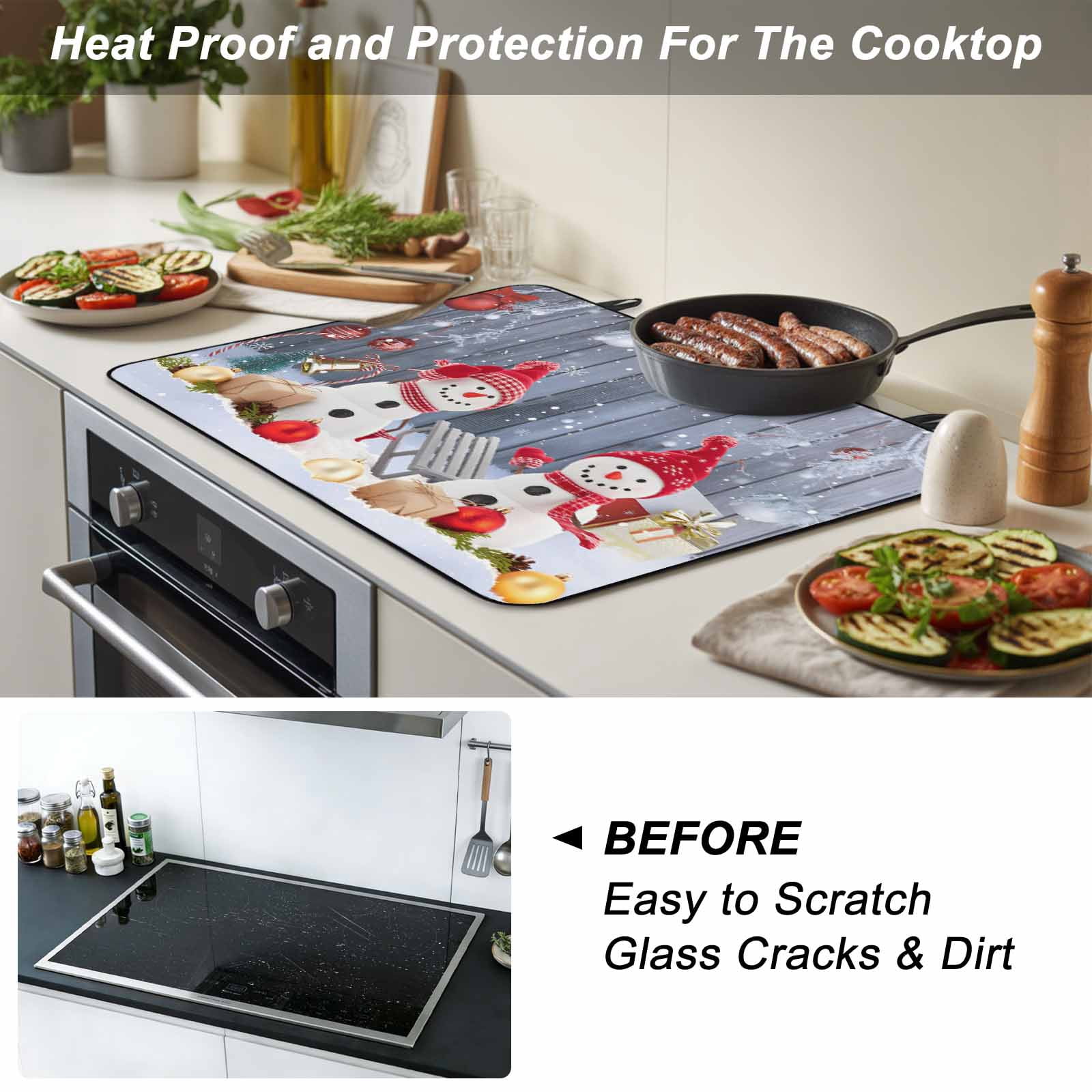 Christmas Stove Top Cover for Electric Stove, Heat-proof & Non Slip Glass Top Stove Cover Protector, Winter Snowman Xmas Red Balls Snowflakes Kitchen Flat Cooktop Rubber Mat 24x21 Inches