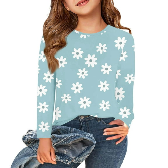 Inglocry Girls Long Sleeve T Shirts Kids Crewneck Fall Winter Tops Loose Fit Graphic Tees 5-14 Years Light Blue 4-5Y