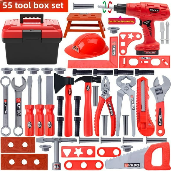 Ensemble d'Outils de Jeu d'Imitation pour Enfants avec Perceuse Électrique - Jouets de Construction Éducatifs de 55 Pcs pour 4 à 6 Ans, Favorise l'Apprentissage Interactif, la Coordination Oeil-Main et les Habiletés de Résolution de Problèmes, Durable et Sécuritaire