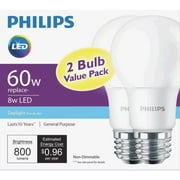 Philips LED Light Bulb, A19, Daylight, 60 WE, 2 Ct