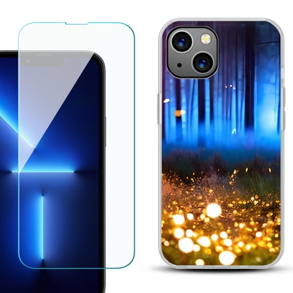Slim-Fit TPU Phone Case for iPhone 14, with Tempered Glass Screen Protector, by OneToughShield ® - Fireflies