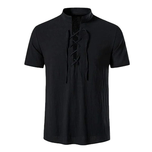 Men's Short Sleeve Summer Cotton Linen Shirt - Plus Size, Stand Collar, Beach Medieval